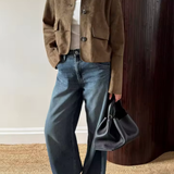 Retro Faux Suede Jacket with Front Flap Pockets