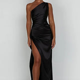 One-Shoulder Satin Maxi Dress with High Slit