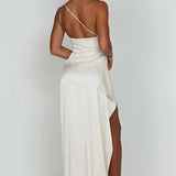 One-Shoulder Satin Maxi Dress with High Slit