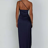 One-Shoulder Satin Maxi Dress with High Slit