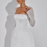 Satin Mini Dress with Embellished Long Sleeves and Square Neckline