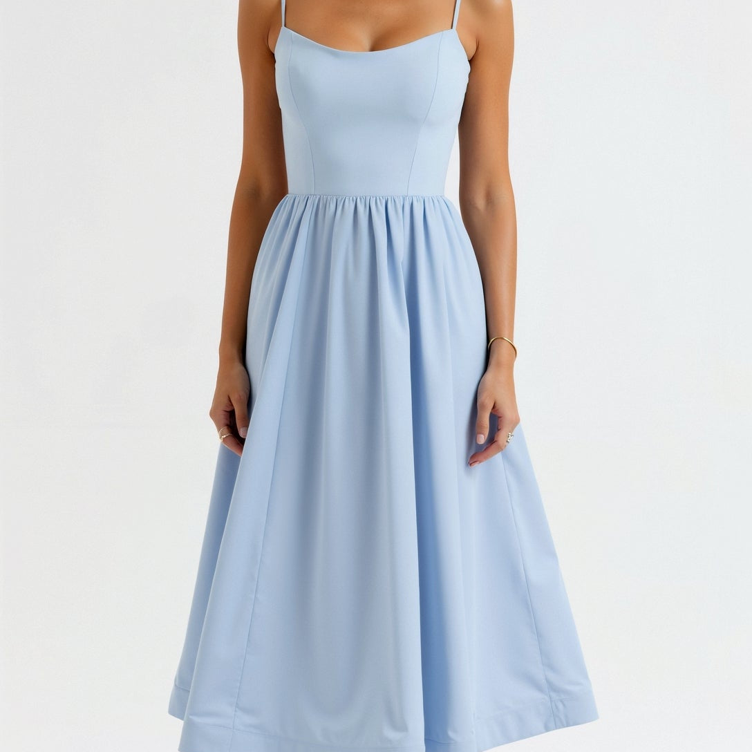 Strappy Midi Dress with Fitted Bodice and Flowing Skirt