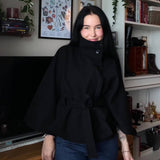Elegant High Neck Belted Cape Jacket