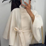 Elegant High Neck Belted Cape Jacket