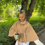 Elegant High Neck Belted Cape Jacket
