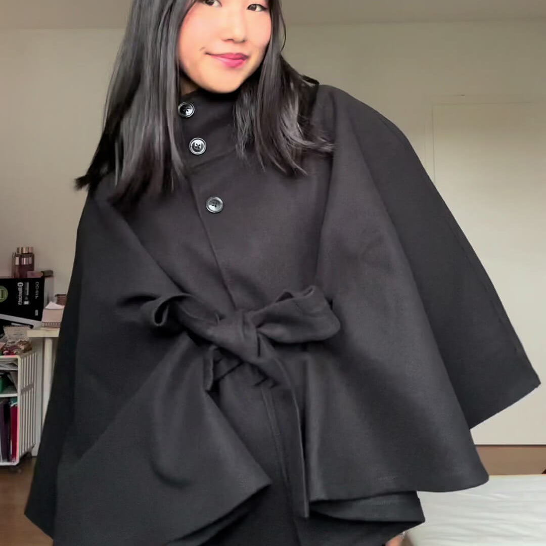 Elegant High Neck Belted Cape Jacket