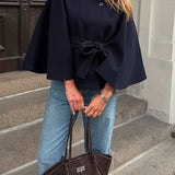 Elegant High Neck Belted Cape Jacket